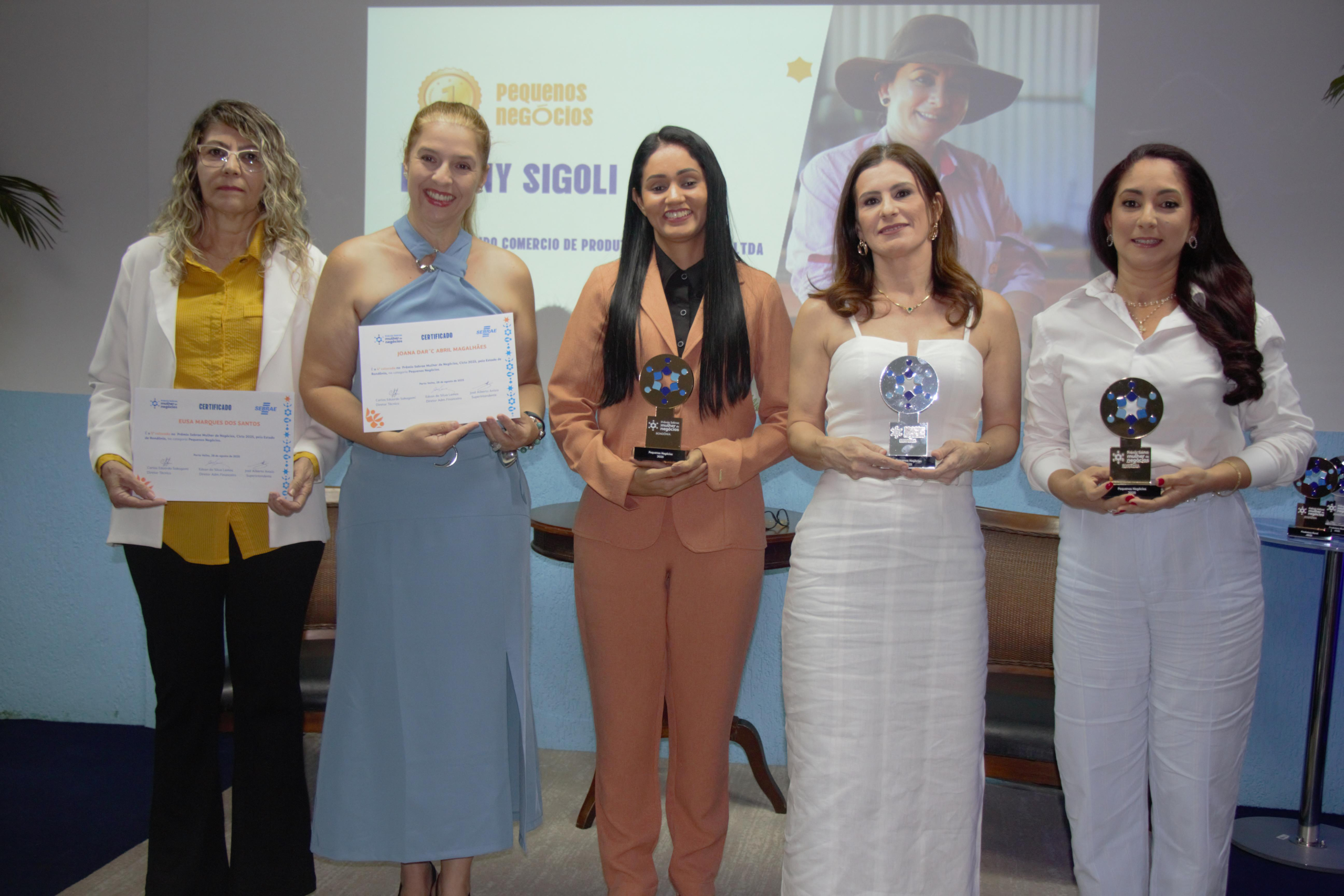 Vencedoras da categoria Pequenos Negócios do Prêmio Sebrae Mulher de Negócios 2025. Mais que troféu, impulso. Premiação fortalece negócios liderados por mulheres em Rondônia.